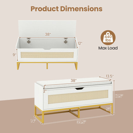 39.5" Rattan Storage Chest Wicker Shoe Bench with Padded Seat Flip-Top-White LuxuryLifeWay Online Store