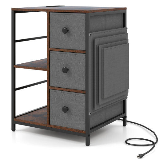 Side Table with Charging Station Industrial Nightstand with Open Shelves-Rustic Brown LuxuryLifeWay Online Store