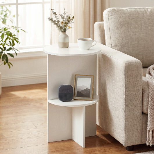 2-Tier Round Side Table with Storage Shelf for Small Space-White LuxuryLifeWay Online Store