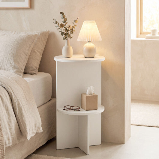 2-Tier Round Side Table with Storage Shelf for Small Space-White LuxuryLifeWay Online Store