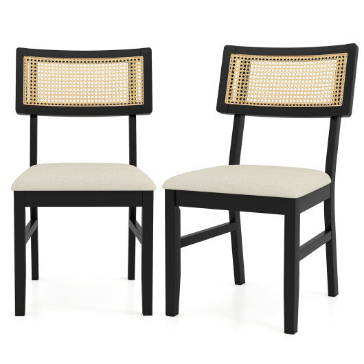 Rattan Dining Chairs Set of 2 Fabric Upholstered Kitchen Chairs with Padded Seat and Rubber Wood Legs-Black LuxuryLifeWay Online Store