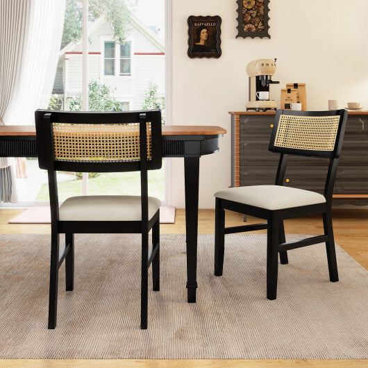 Rattan Dining Chairs Set of 2 Fabric Upholstered Kitchen Chairs with Padded Seat and Rubber Wood Legs-Black LuxuryLifeWay Online Store