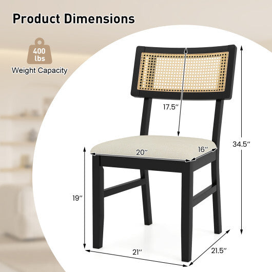 Rattan Dining Chairs Set of 2 Fabric Upholstered Kitchen Chairs with Padded Seat and Rubber Wood Legs-Black LuxuryLifeWay Online Store