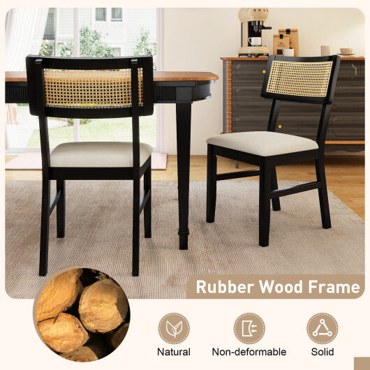 Rattan Dining Chairs Set of 2 Fabric Upholstered Kitchen Chairs with Padded Seat and Rubber Wood Legs-Black LuxuryLifeWay Online Store