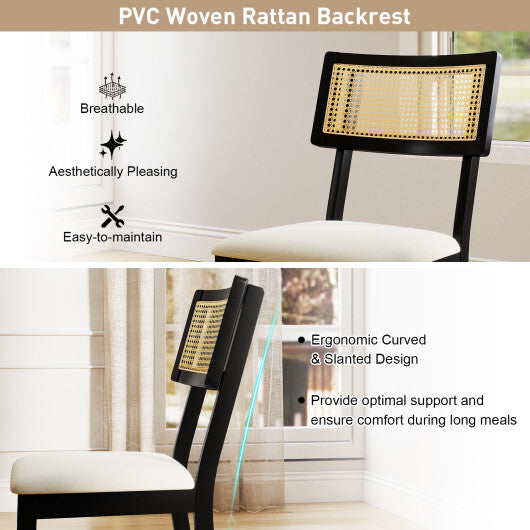Rattan Dining Chairs Set of 2 Fabric Upholstered Kitchen Chairs with Padded Seat and Rubber Wood Legs-Black LuxuryLifeWay Online Store