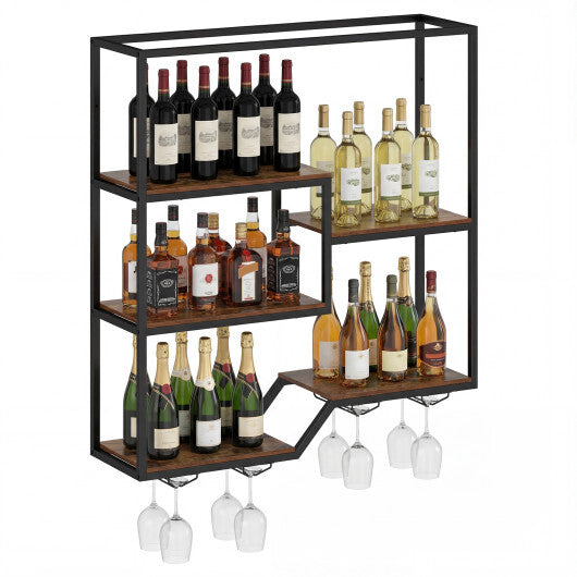 Wall Mounted Wine Rack 6-Tier Hanging Bar Shelf with Bottle Display Shelf and Glass Holder-Rustic Brown LuxuryLifeWay Online Store