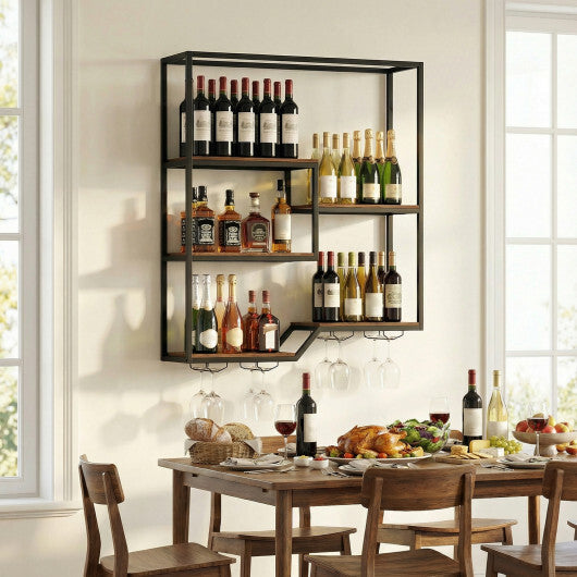 Wall Mounted Wine Rack 6-Tier Hanging Bar Shelf with Bottle Display Shelf and Glass Holder-Rustic Brown LuxuryLifeWay Online Store