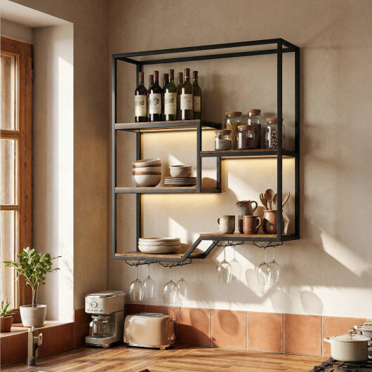 Wall Mounted Wine Rack 6-Tier Hanging Bar Shelf with Bottle Display Shelf and Glass Holder-Rustic Brown LuxuryLifeWay Online Store