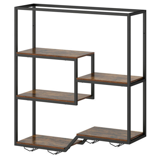 Wall Mounted Wine Rack 6-Tier Hanging Bar Shelf with Bottle Display Shelf and Glass Holder-Rustic Brown LuxuryLifeWay Online Store