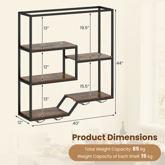 Wall Mounted Wine Rack 6-Tier Hanging Bar Shelf with Bottle Display Shelf and Glass Holder-Rustic Brown LuxuryLifeWay Online Store
