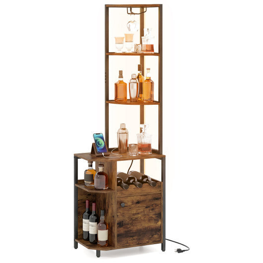 6-Tier Corner Bar Cabinet with LED Lights and Charging Station for Kitchen-Rustic Brown LuxuryLifeWay Online Store