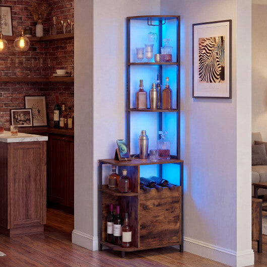 6-Tier Corner Bar Cabinet with LED Lights and Charging Station for Kitchen-Rustic Brown LuxuryLifeWay Online Store