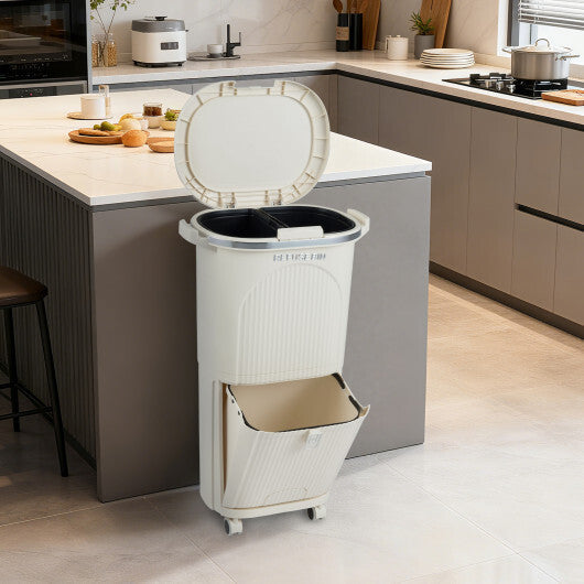 10 Gallon Kitchen Trash Can Double-Layer with Lid and 2 Removable Buckets-Beige LuxuryLifeWay Online Store