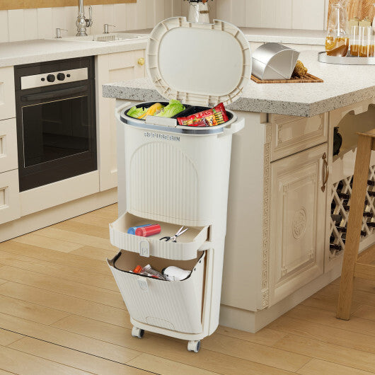 11 Gallon 3-Layer Kitchen Trash Can with Lid and 2 Removable Buckets-Beige LuxuryLifeWay Online Store