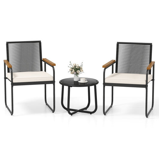 3 Pieces Patio Furniture Set PE Rattan Porch Chairs with Round Tempered Glass Top Table-White LuxuryLifeWay Online Store