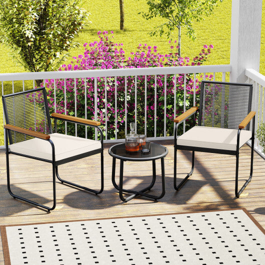3 Pieces Patio Furniture Set PE Rattan Porch Chairs with Round Tempered Glass Top Table-White LuxuryLifeWay Online Store