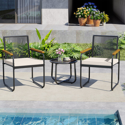 3 Pieces Patio Furniture Set PE Rattan Porch Chairs with Round Tempered Glass Top Table-White LuxuryLifeWay Online Store