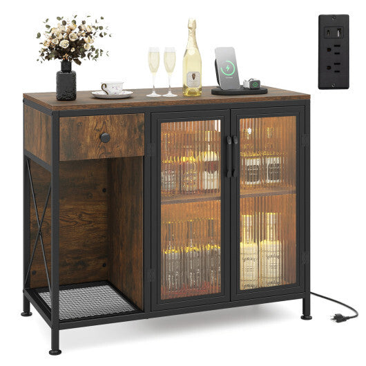 Buffet Sideboard with Doors Power Outlets and LED Light-Rustic Brown LuxuryLifeWay Online Store