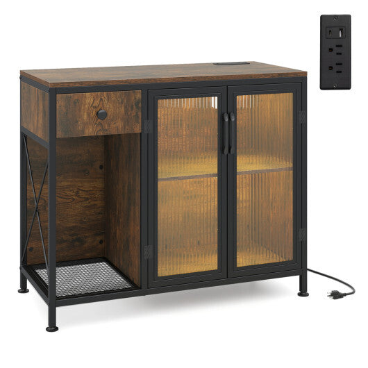 Buffet Sideboard with Doors Power Outlets and LED Light-Rustic Brown LuxuryLifeWay Online Store