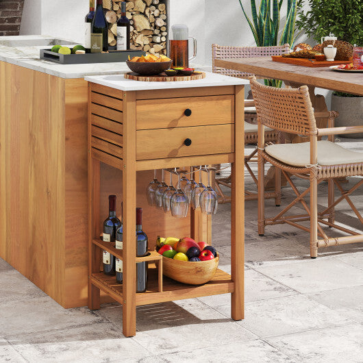 Patio Acacia Wood Storage Cabinet Patio Buffet Cabinet Bar Table with Faux Marble Countertop LuxuryLifeWay Online Store
