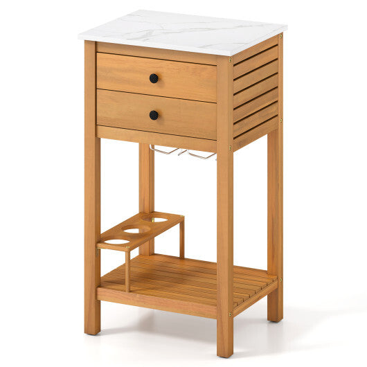 Patio Acacia Wood Storage Cabinet Patio Buffet Cabinet Bar Table with Faux Marble Countertop LuxuryLifeWay Online Store