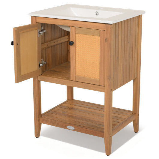 Bathroom Vanity with Ceramic Sink 2 Rattan Doors and Slatted Shelf