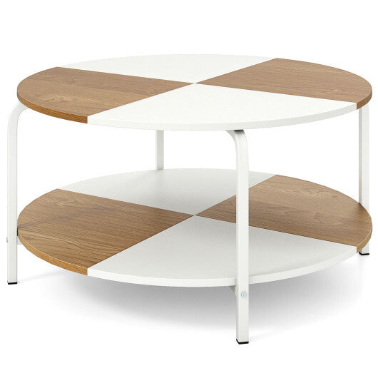 2-Tier Round Coffee Table Metal Frame with Storage Shelf-Natural & White LuxuryLifeWay Online Store