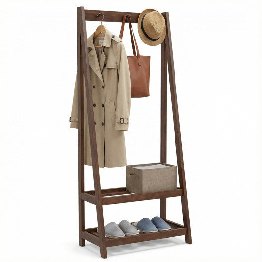 Freestanding Clothes Rack with 3 Hooks and 2 Shelves-Walnut LuxuryLifeWay Online Store