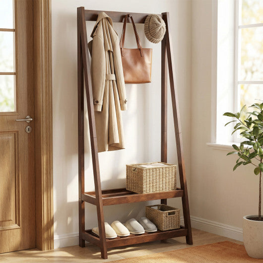 Freestanding Clothes Rack with 3 Hooks and 2 Shelves-Walnut LuxuryLifeWay Online Store