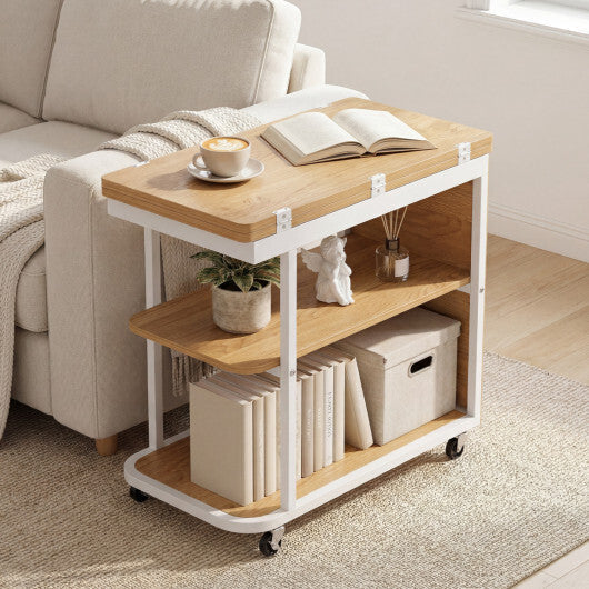 Mobile Night Stand with Foldable Swivel Top and 2-Tier Shelf for Small Spaces-Natural LuxuryLifeWay Online Store
