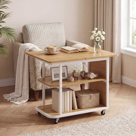 Mobile Night Stand with Foldable Swivel Top and 2-Tier Shelf for Small Spaces-Natural LuxuryLifeWay Online Store