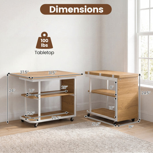 Mobile Night Stand with Foldable Swivel Top and 2-Tier Shelf for Small Spaces-Natural LuxuryLifeWay Online Store