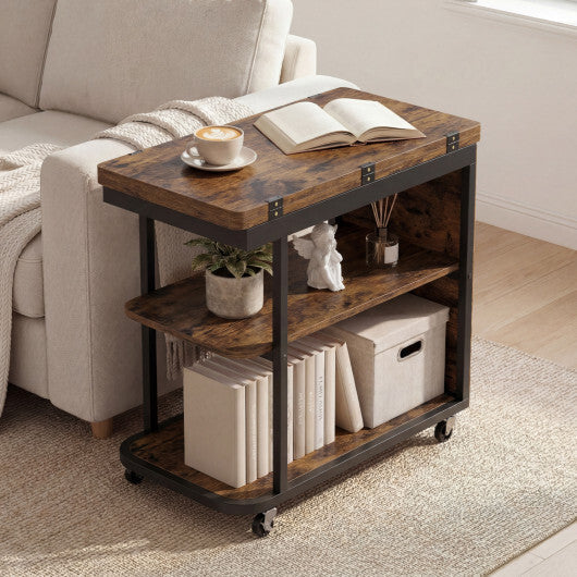 Mobile Night Stand with Foldable Swivel Top and 2-Tier Shelf for Small Spaces-Natural LuxuryLifeWay Online Store