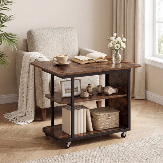 Mobile Night Stand with Foldable Swivel Top and 2-Tier Shelf for Small Spaces-Natural LuxuryLifeWay Online Store