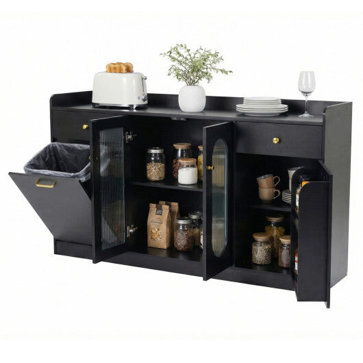 Large Buffet Cabinet Hidden Tilt Out Trash Can Cabinet with 2 Glass Doors-Black LuxuryLifeWay Online Store