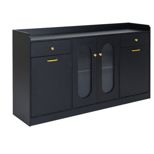 Large Buffet Cabinet Hidden Tilt Out Trash Can Cabinet with 2 Glass Doors-Black LuxuryLifeWay Online Store