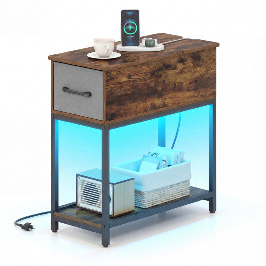 Narrow Side Table with Charging Station and LED Lights Industrial End Table-Brown LuxuryLifeWay Online Store