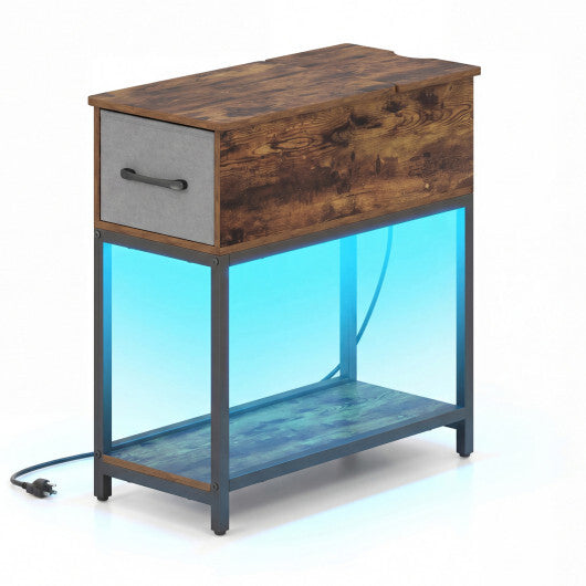 Narrow Side Table with Charging Station and LED Lights Industrial End Table-Brown LuxuryLifeWay Online Store