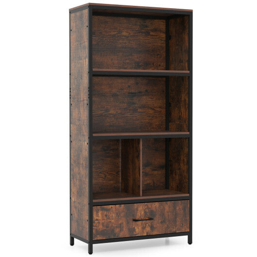 56" Tall Freestanding Bookcase with Drawer 5 Tier-RusticBrown LuxuryLifeWay Online Store