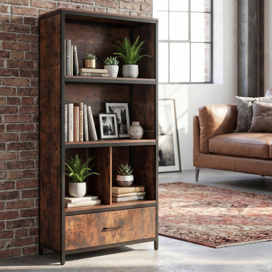 56" Tall Freestanding Bookcase with Drawer 5 Tier-RusticBrown LuxuryLifeWay Online Store