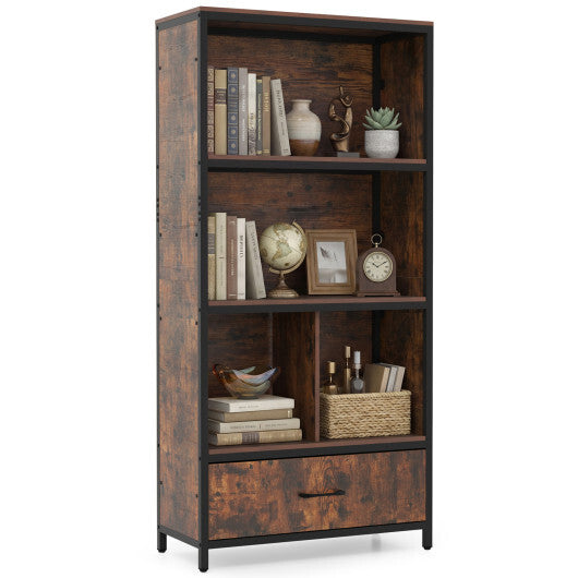 56" Tall Freestanding Bookcase with Drawer 5 Tier-RusticBrown LuxuryLifeWay Online Store