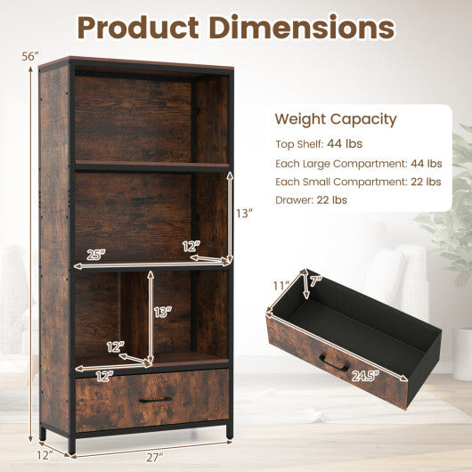 56" Tall Freestanding Bookcase with Drawer 5 Tier-RusticBrown LuxuryLifeWay Online Store
