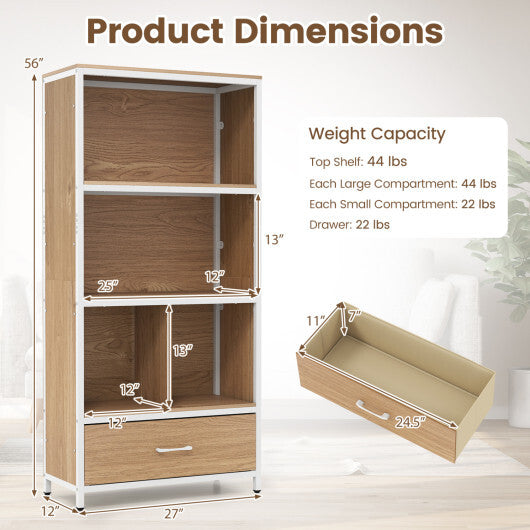 56" Tall Freestanding Bookcase with Drawer 5 Tier-RusticBrown LuxuryLifeWay Online Store