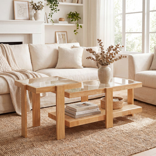 Set of 2 Nesting Coffee Table with Boho Rattan Accent Table-Natural LuxuryLifeWay Online Store