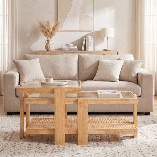 Set of 2 Nesting Coffee Table with Boho Rattan Accent Table-Natural LuxuryLifeWay Online Store
