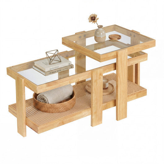 Set of 2 Nesting Coffee Table with Boho Rattan Accent Table-Natural LuxuryLifeWay Online Store