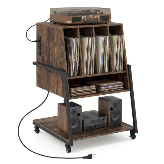 Record Player Stand on Wheels Rolling Turntable Stand with Power Outlets-Rustic Brown LuxuryLifeWay Online Store