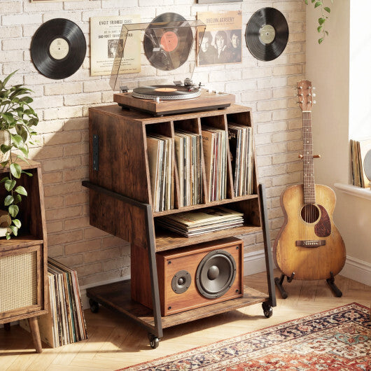 Record Player Stand on Wheels Rolling Turntable Stand with Power Outlets-Rustic Brown LuxuryLifeWay Online Store