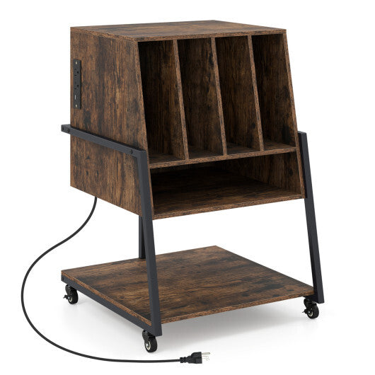 Record Player Stand on Wheels Rolling Turntable Stand with Power Outlets-Rustic Brown LuxuryLifeWay Online Store
