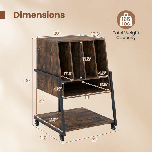 Record Player Stand on Wheels Rolling Turntable Stand with Power Outlets-Rustic Brown LuxuryLifeWay Online Store